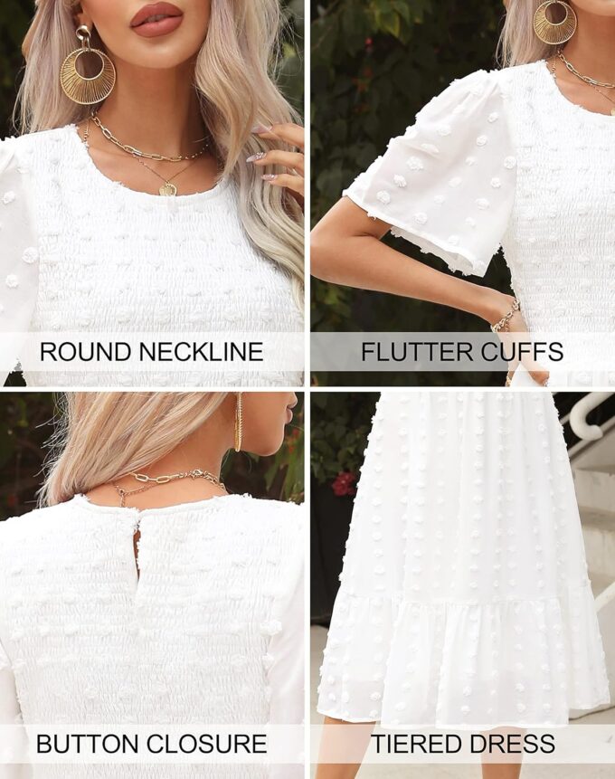 Kranda Women 2025 Summer Spring Round Neck Flutter Short Sleeve Casual Swing Flowy Ruffle Smocked Swiss Dot Midi Dress – Bild 7