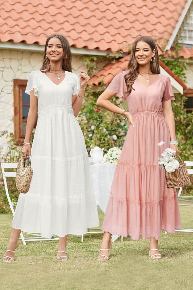 VOTEPRETTY Women's 2025 Summer Boho Maxi Dresses Flutter Short Sleeve V Neck Casual Beach Wedding Guest Vacation Long Dress – Bild 2