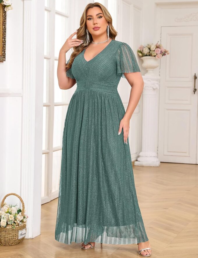 ZOMVA Plus Size Maxi Formal Dress Sparkly V-Neck A-line Ruffle Sleeves Evening Gown Cocktail Prom Glitter – Bild 4