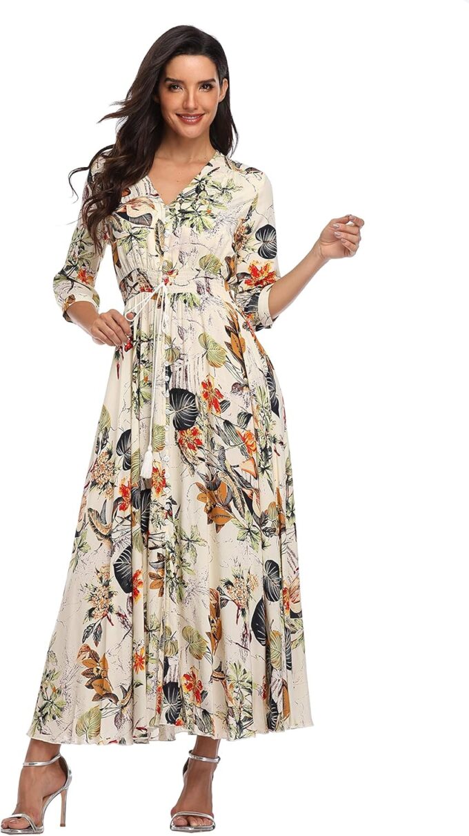 Summer Floral Print Maxi Dress Women Button Up Split Long Flowy Bohemian Beach Party Dresses – Bild 2