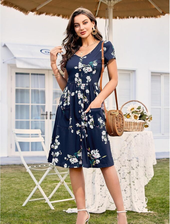 VOTEPRETTY Women's Short Sleeve V Neck Sundress Summer Casual Button Floral Dress with Pockets – Bild 2
