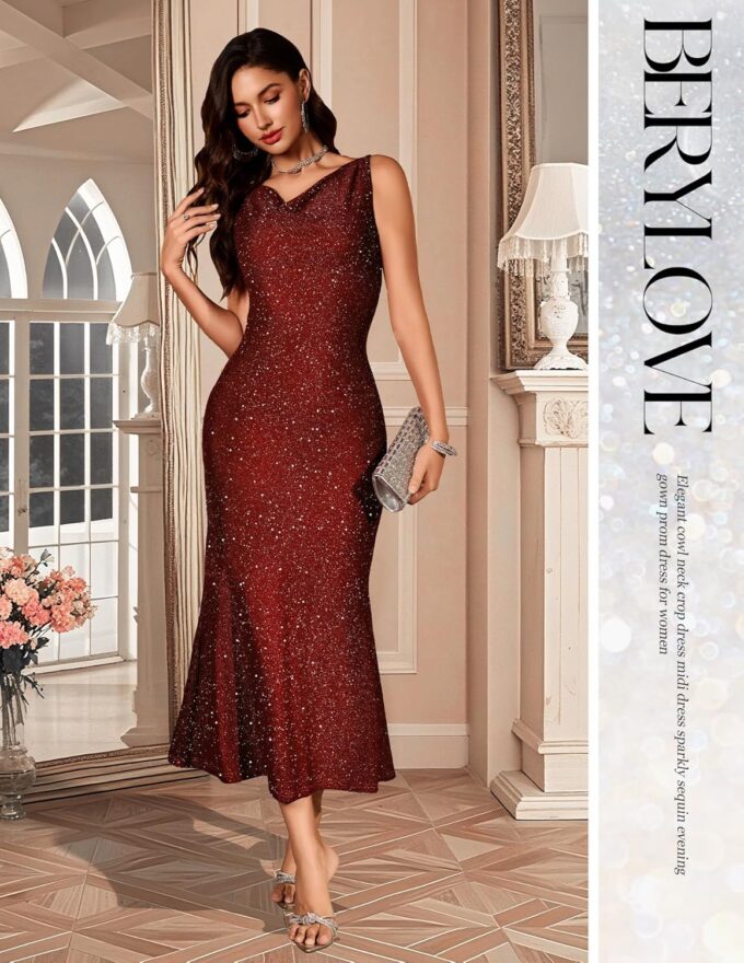 BeryLove Formal Sequin Wedding Guest Prom Cocktail Cowl Neck Bodycon Dresses – Bild 6