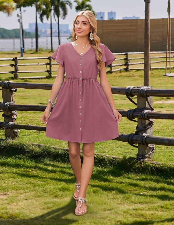 Zeagoo 2025 Spring Summer Cotton Linen Dress Beach Casual Button Down A Line Dress – Bild 4