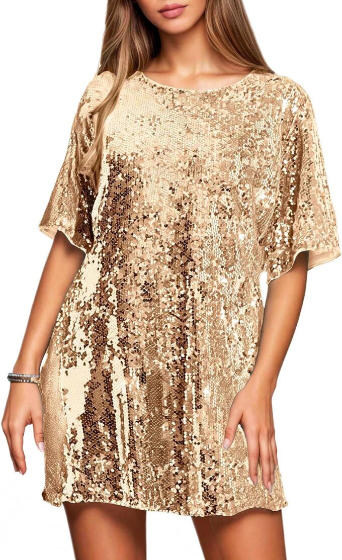 Women's Crew Neck Sequin Dress for Women Sexy V Neck Shirt Dress Sparkly Half Sleeve Loose Party Club Cocktail Dress