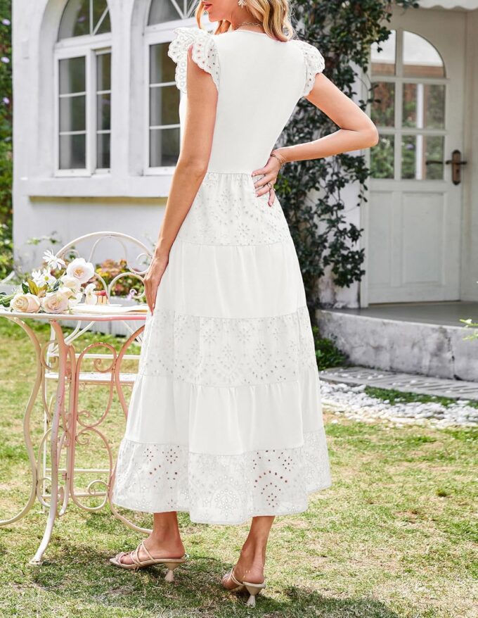 GRACE KARIN Women Summer Maxi Dresses Casual V Neck Ruffle Sleeve Lace Eyelet Tiered A Line Flowy Sundress with Pockets – Bild 3