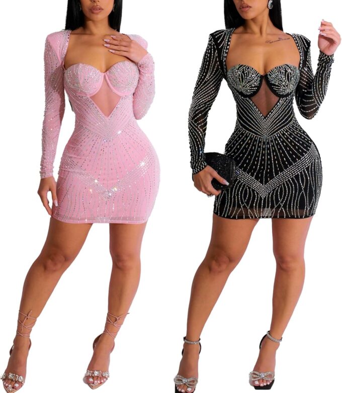 Nagfar Women Rhinestone Dresses Birthday Party Club Bling Birthday Outfits Sexy Dress for Women – Bild 5