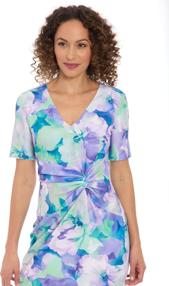 London Times Women's Elegant Midi V-Neck Short Sleeve Twist Waist Flounce Hem-Special Occasion Cocktail Dresses – Bild 4