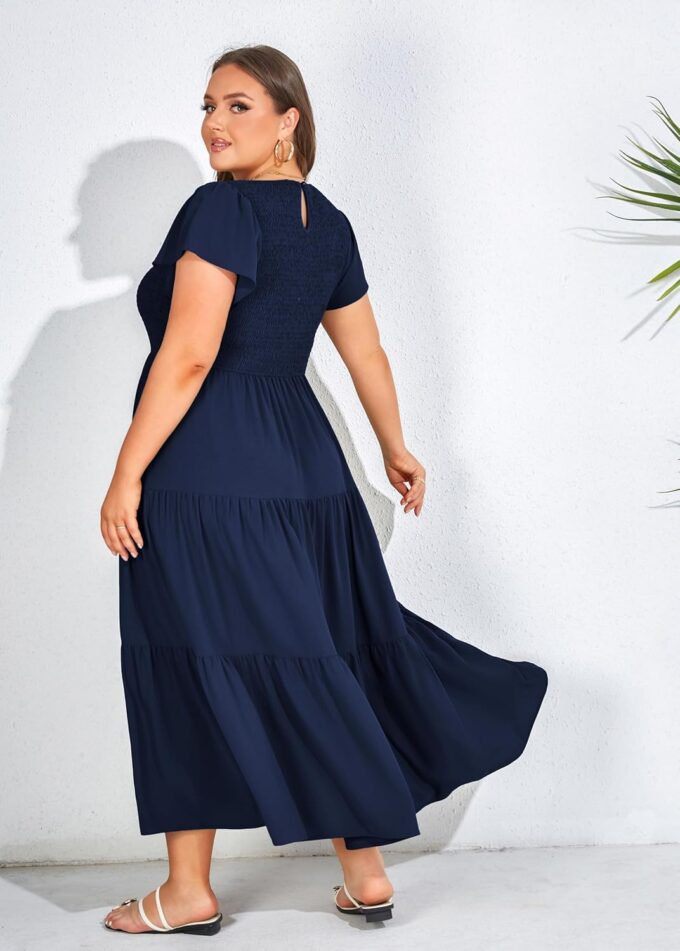 KIMCURVY Women's Plus Size Summer Casual Dress Crew Neck Flutter Short Sleeve Smocked Tiered Maxi Dress with Pockets – Bild 4