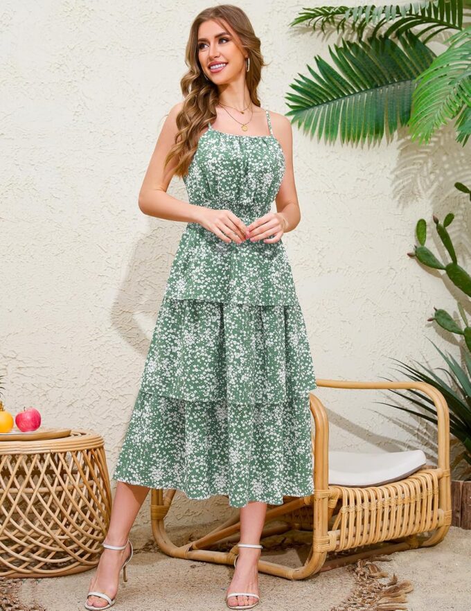 Meetjen Women's Summer Floral Midi Dress 2025 Square Neck Spaghetti Strap Flowy Smocked A Line Tiered Ruffle Beach Sun Dress – Bild 5