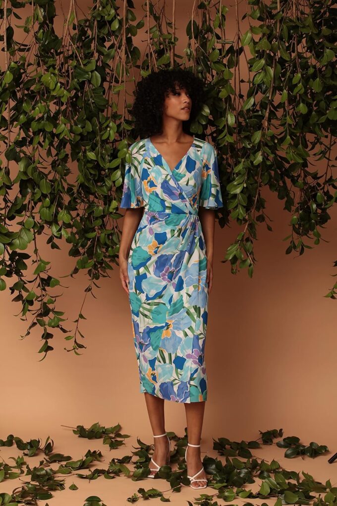 Maggy London Women's Short Flutter Sleeve Faux Wrap Midi Dress – Bild 6