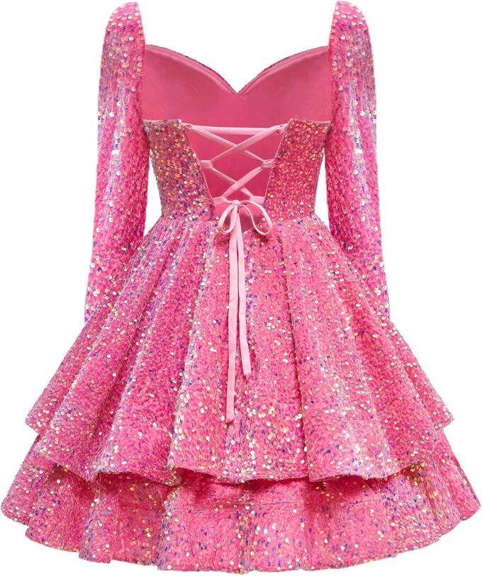 GUKARLEED Sequin Homecoming Dresses for Teens Long Sleeve HOCO Party Gowns Tiered Sparkly Sweetheart Neck Short Prom Dresses – Bild 4