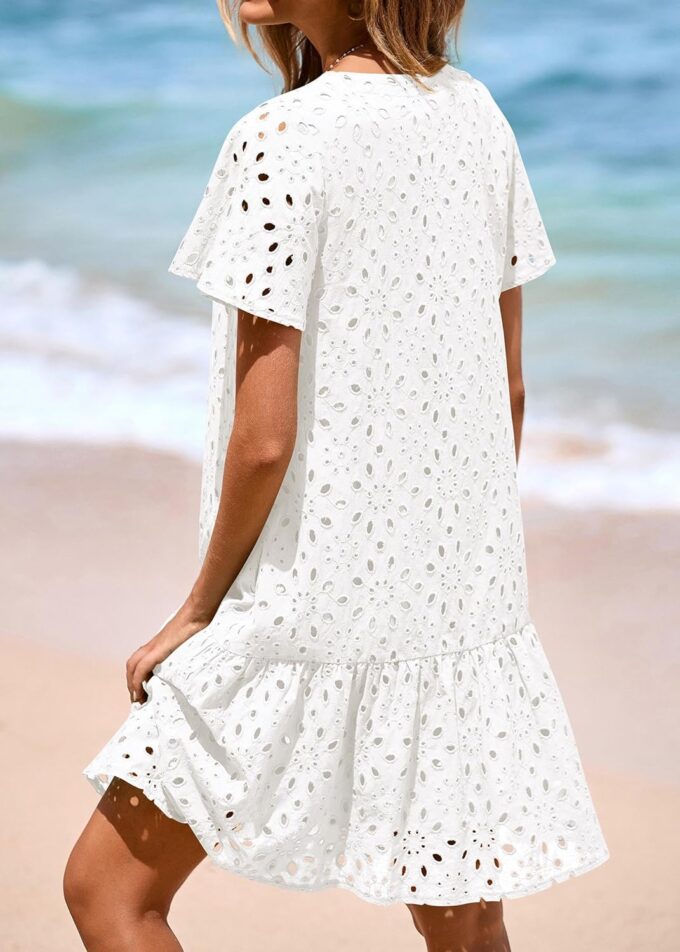 KIRUNDO Summer Dresses for Women 2025 Eyelet Button Down V Neck Short Sleeve Hollow Out A Line Loose Mini Babydoll Dress – Bild 2