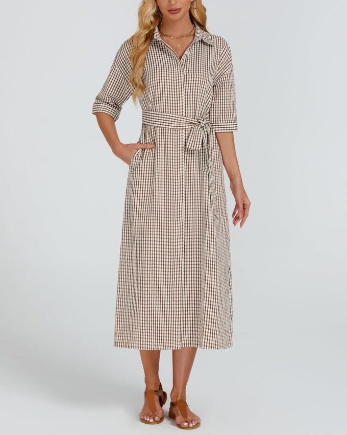 Women's Half Sleeve Plaid Midi Dress Collar V Neck Belted Casual Button Down Long Loose Dress – Bild 6