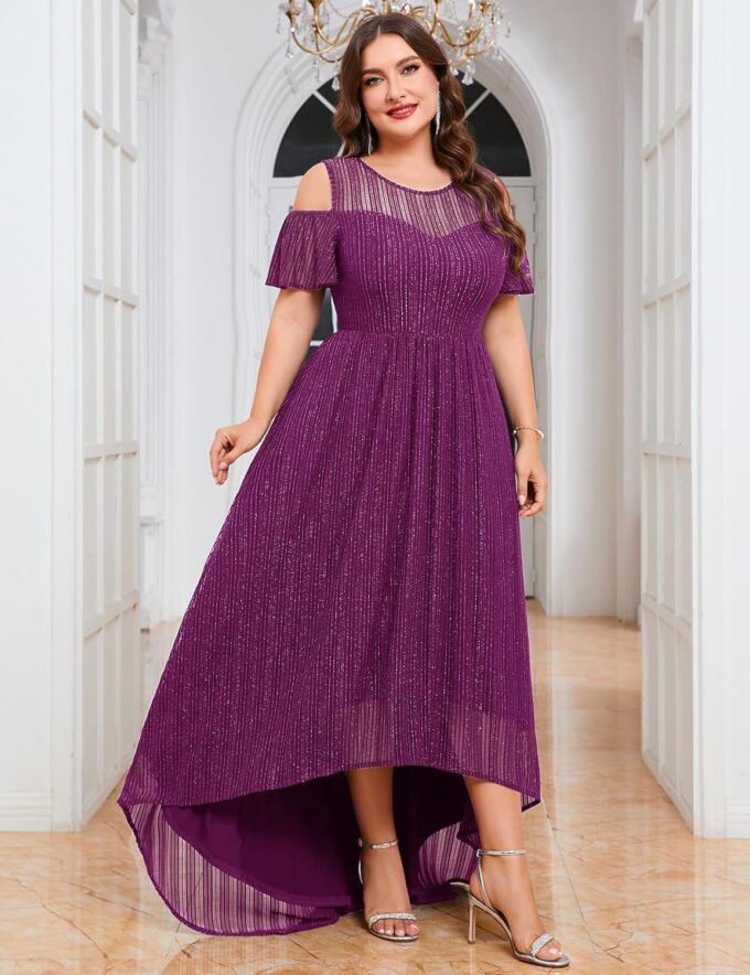 ZOMVA Plus Size Sparkly Mesh Maxi Dress Cold Shoulder Ruffle Sleeve High Low A Line Gown Wedding Guest Cocktail Party – Bild 6