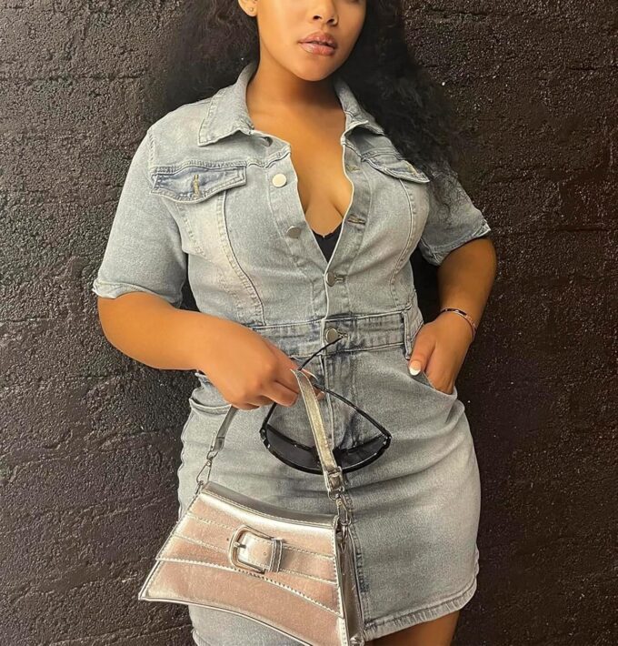 Ryehack Women's Summer Casual Denim Dress Bodycon Short Sleeve Bodycon 1/2 Button Sexy Mini Casual Jean Dress – Bild 2