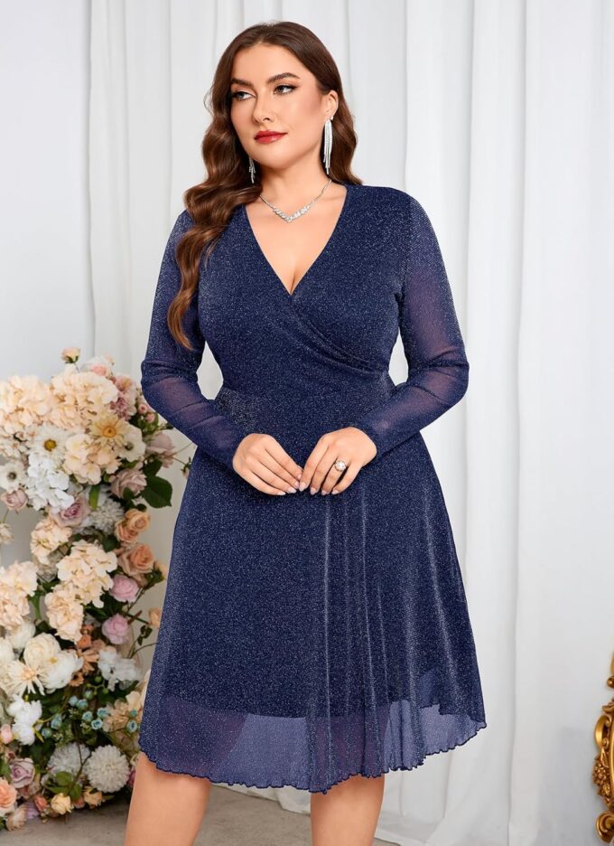 CYCLAMEN Plus Size Glitter Dress Sparkly Mesh Long Sleeve Wrap V Neck A Line for Wedding Guest Cocktail Club Nights – Bild 3