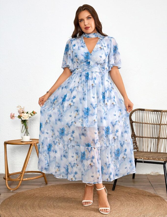 Women's 2025 Floral Summer Dress Smocked V Neck Boho Plus Size Beach Party Wedding Guest Ruffle Long Dresses – Bild 6