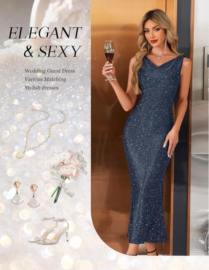 BeryLove Formal Sequin Wedding Guest Prom Cocktail Cowl Neck Bodycon Dresses – Bild 5