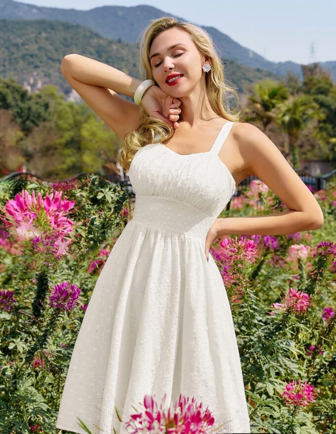 Belle Poque Women's Vintage Sleeveless Solid Ruched Summer Cotton Embroidery Cute A-Line Flowy Swing Midi Dress – Bild 4