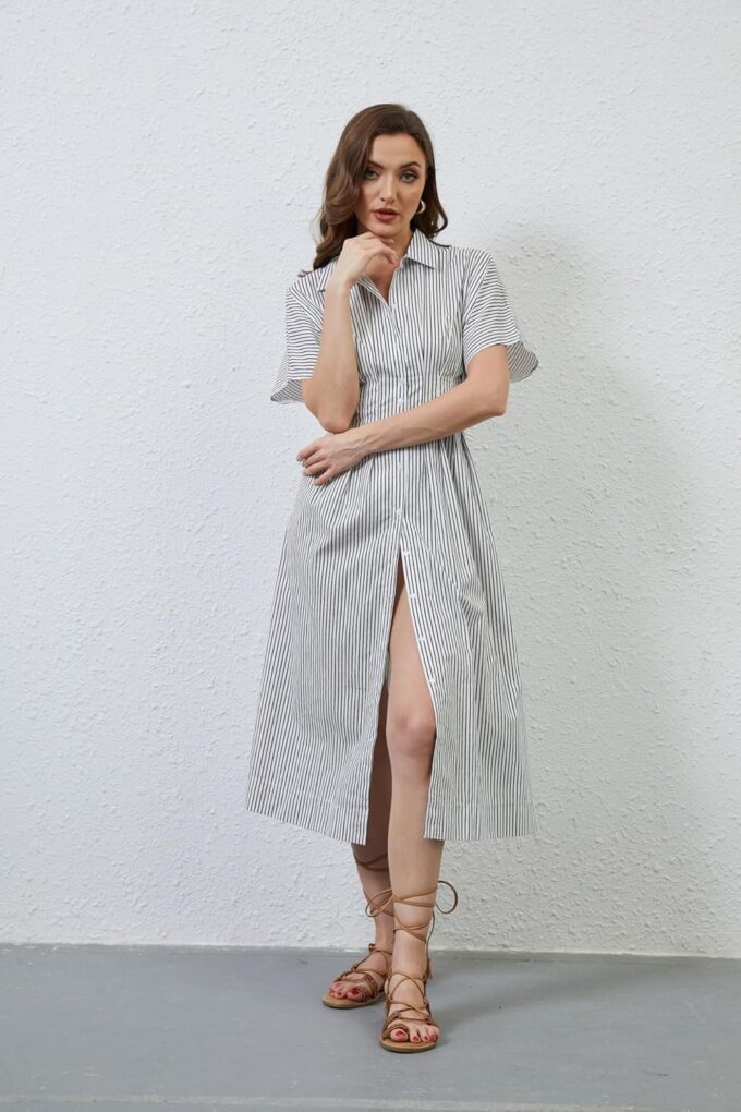 MISSACTIVER Button Front Pleated Shirt Dress for Women Summer Striped Short Sleeve Lapel V Neck Corset Maxi Dress – Bild 2