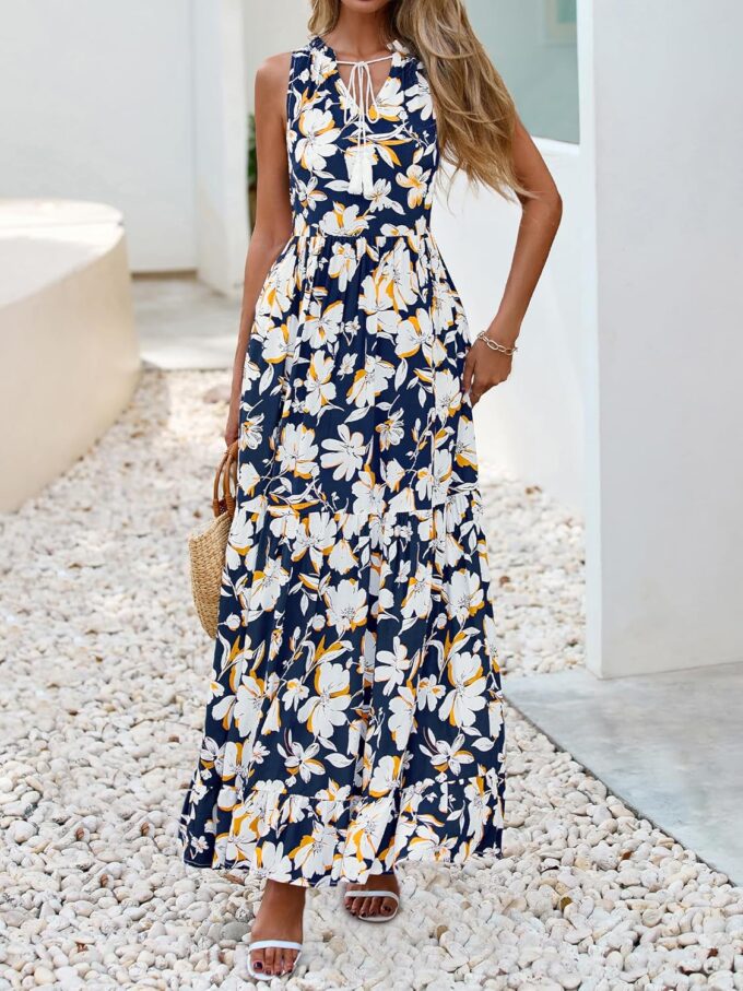 BTFBM Womens Summer Maxi Dresses 2025 Casual Sleeveless V Neck Loose Fit Floral Boho Dress Beach Long Sundress – Bild 4