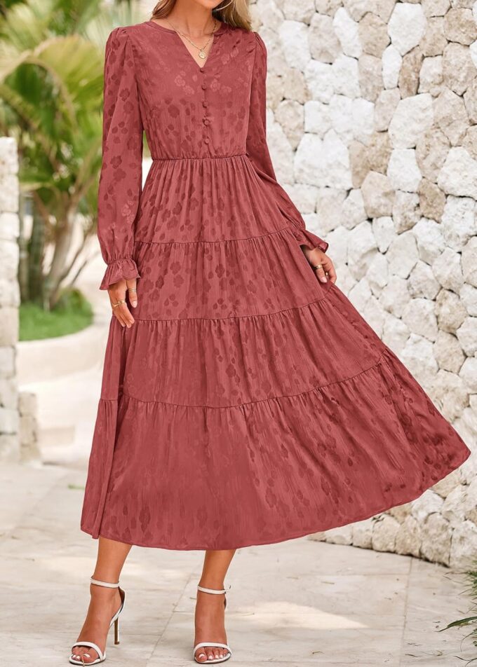 KIRUNDO Dresses for Women 2025 Elegant Classy Fall Wedding Guest Maxi Long Sleeve Empire Waist Ruffle Tiered Flowy Long Dress – Bild 6