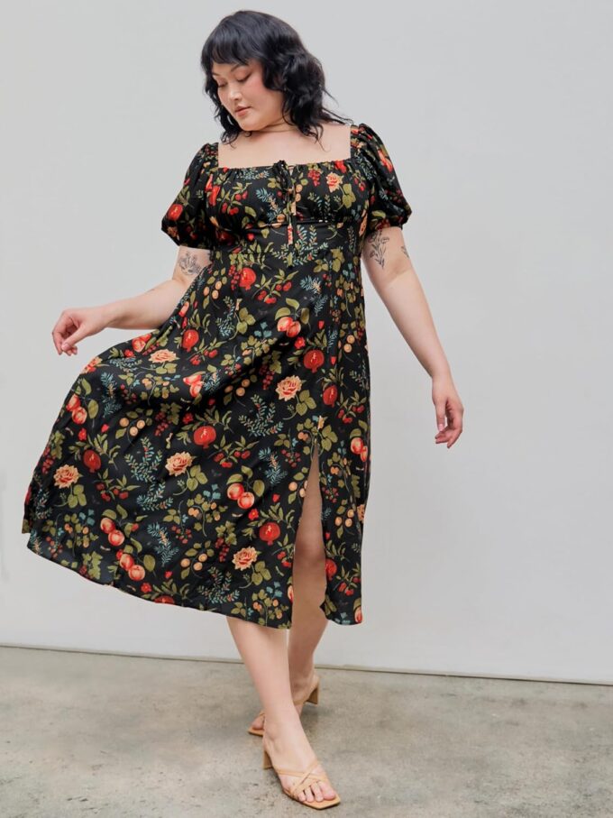 CIDER Plus Size Midi Dress Summer Fruit Patterned Square Neck Puff Sleeve Boho Vacation Casual Midi Dress for Curvy Women – Bild 2