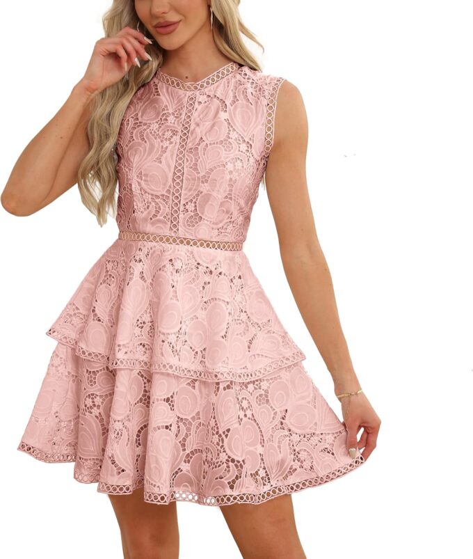 iceKiss Women's Lace Floral Mini Dress Round Neck Sleeveless Cocktail A-Line Dress