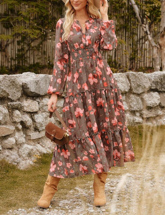 GRACE KARIN Women's Floral Maxi Dress Long Sleeve V Neck Casual A Line Spring Fall Winter Flowy Tiered Dresses with Pockets – Bild 3