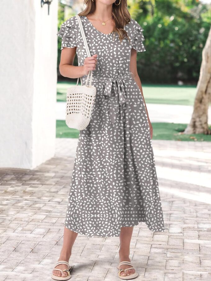 ANRABESS Women's Summer Casual Floral Dress Ruffle Cap Sleeve V Neck 2025 Vacation Flowy Beach Midi Long Dresses with Belt – Bild 2