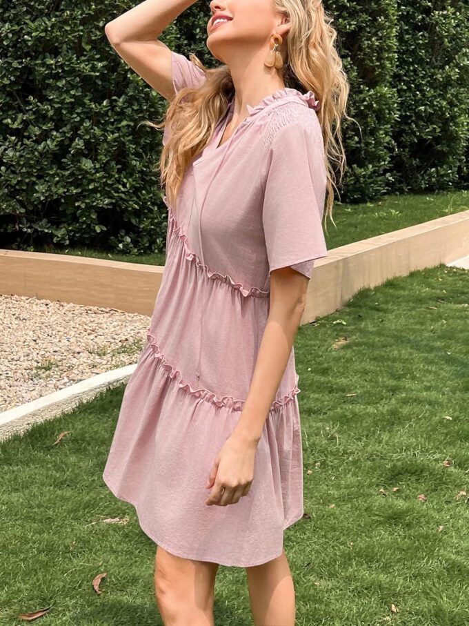 Womens Split V Neck Drawstring Neck Tie Ruffle Tiered Dress Short Sleeve Babydoll Tunic Swing Mini Dresses Sundresses – Bild 4