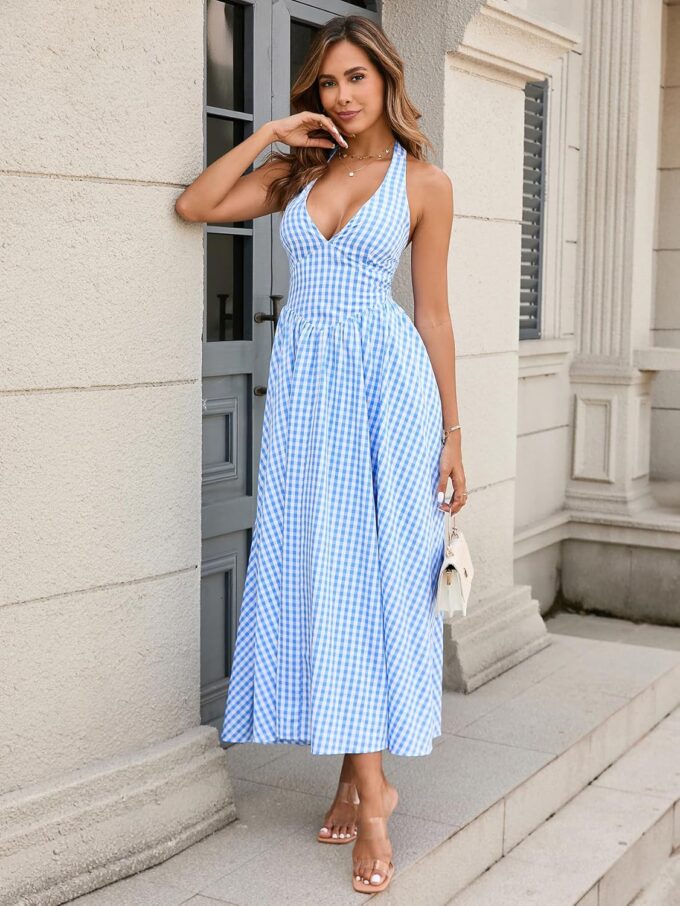 Parthea Women's Summer Midi Dress Smocked Gingham Halter V Neck Sundress Elegant Flowy A Line Beach Long Dresses – Bild 5