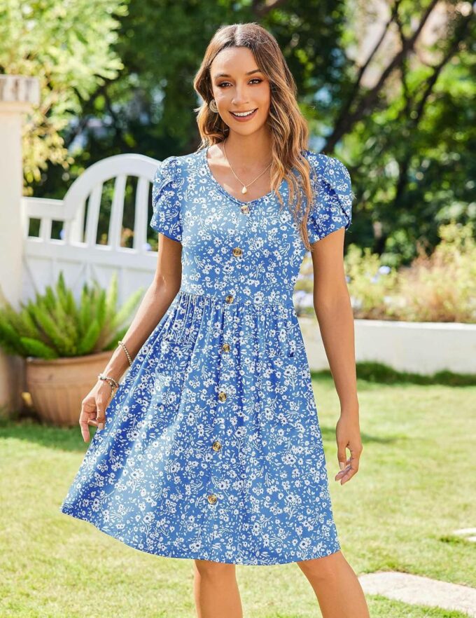 Zeagoo Womens Summer Dress Mini Petal Short Sleeve Dresses Pleated Button Down V Neck Floral Beach Swing Vacation Dress 2025 – Bild 4