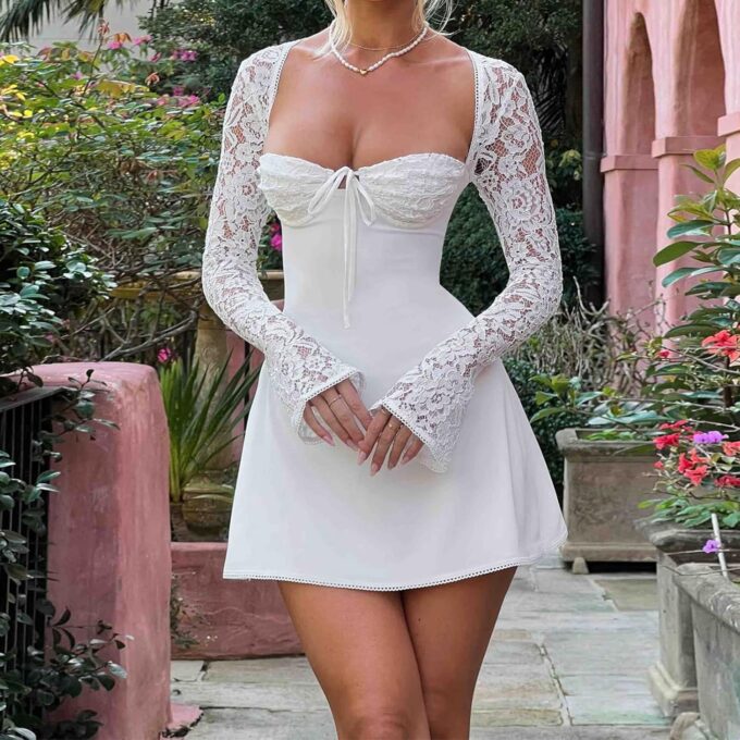 Women Lace Long Sleeve Mini Dress Sexy Low Cut Back Tie Bodycon Going Out Dresses Elegant Cocktail Party Short Dress – Bild 3