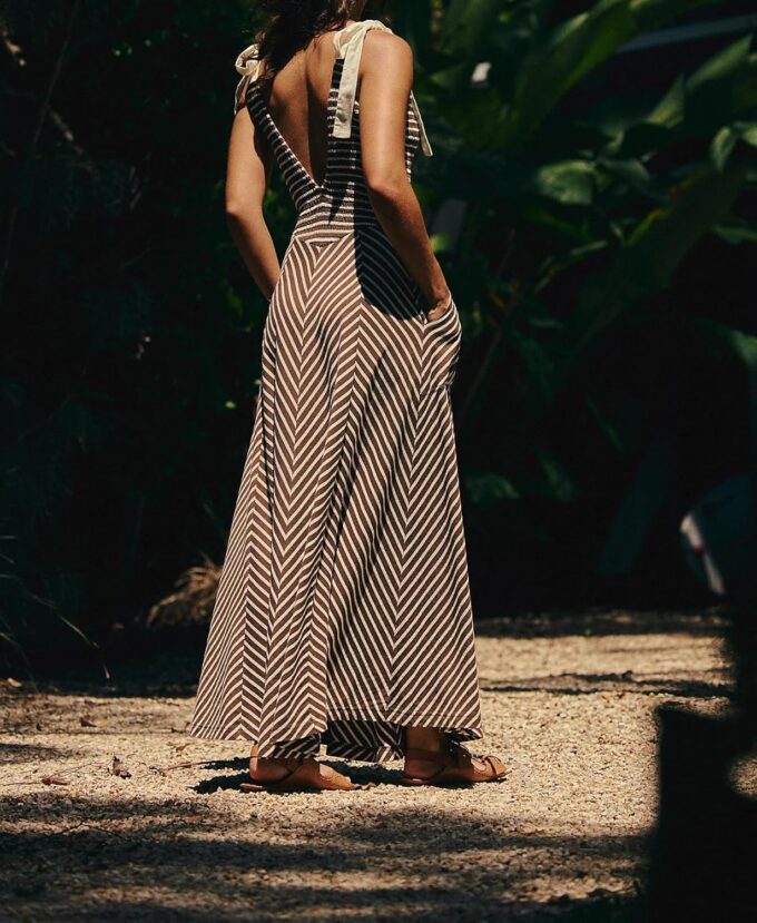 Women Casual Summer Dresses Smocked V Neck Beach Dress Striped Sleeveless Sundress Flowy Long Dress with Pockets – Bild 2