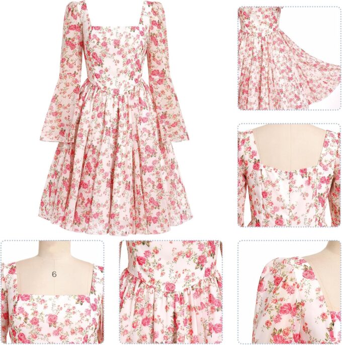 Fall Wedding Guest Dresses for Women Floral Chiffon Dresses Long Bell Sleeve Square Neck Short Ruffle Dress – Bild 6