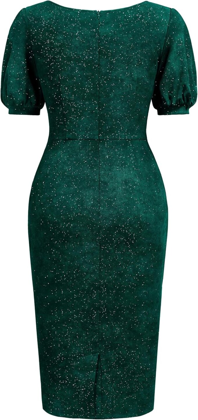 Miusol Women's Retro V-Neck Elegant Glitter Wrap Ruched Puff Sleeve Cocktail Party Dress – Bild 4