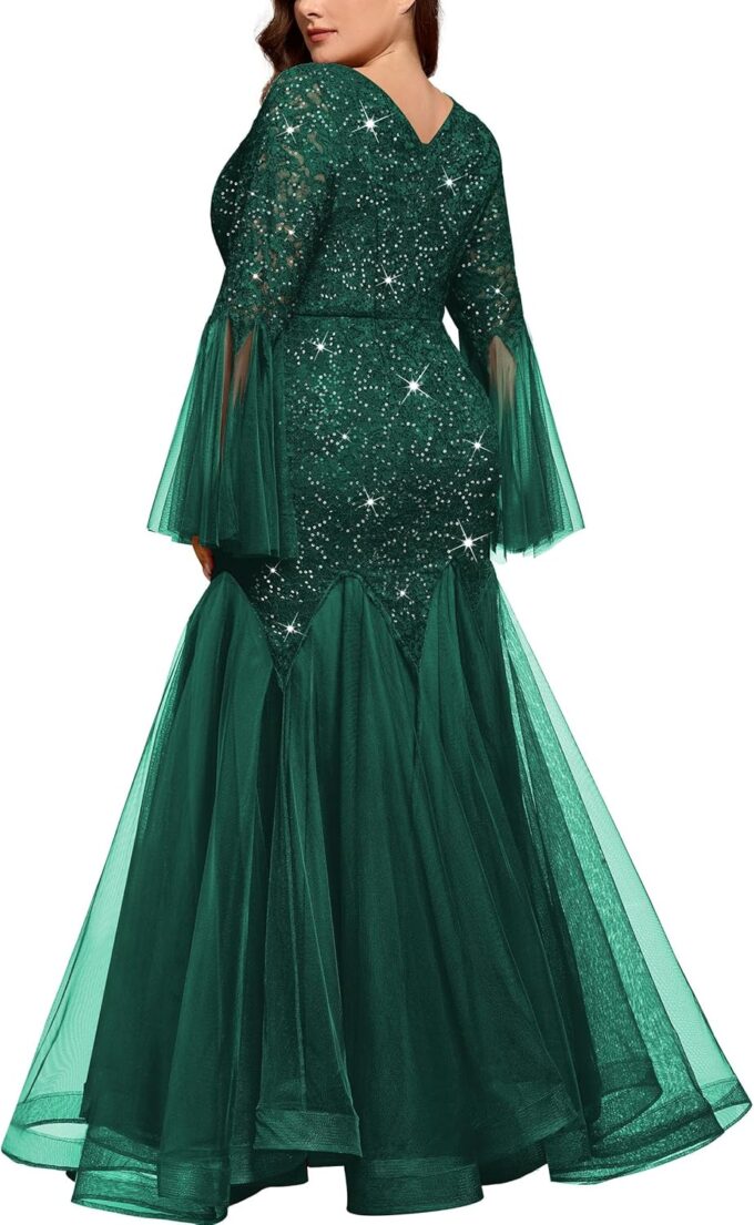 MISSMAY Women's Plus Size Sequins Lace V Neck Sheer Long Sleeves Tulle Mermaid Hem Formal Evening Party Dresses – Bild 2
