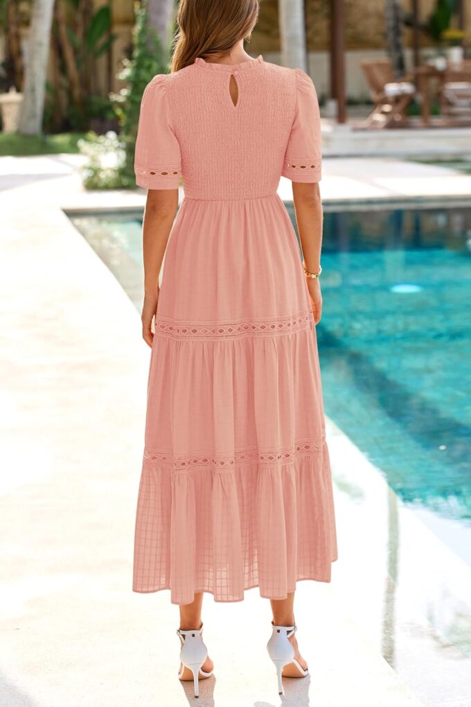 dowerme Summer Dresses for Women 2025 Casual Boho Hollow Out Short Sleeve Ruffle Mock Neck Smocked Maxi Gingham Sundress – Bild 5