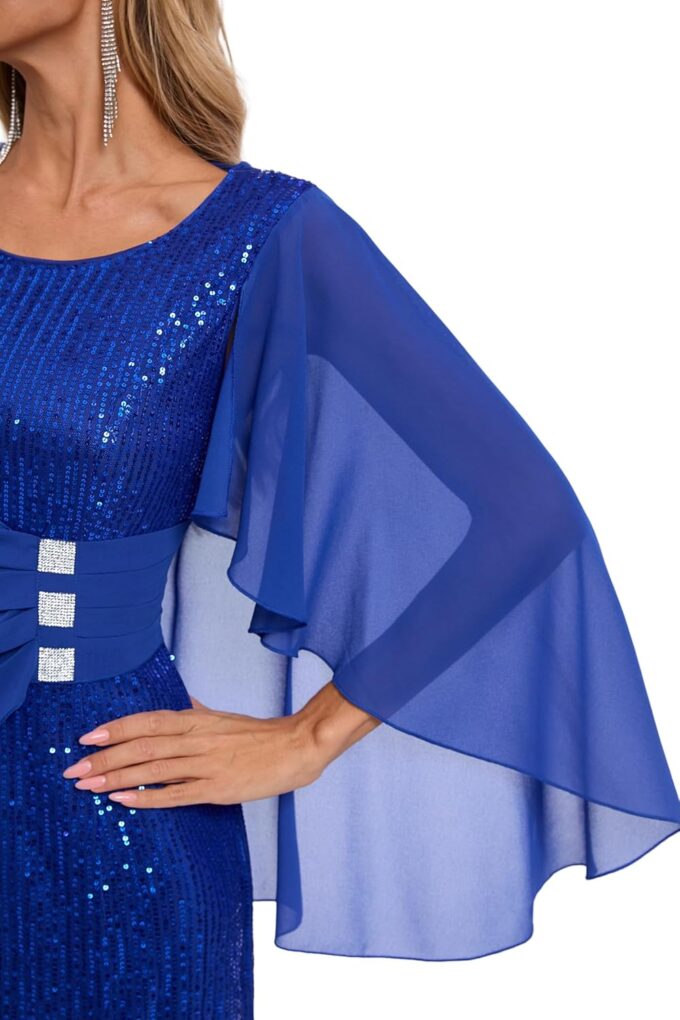 Womens Sequin Cocktail Party Dress Elegance Chiffon Midi Dresses Cape Sleeve Bodycon Dress with Ruffle Asymmetrical Over – Bild 7