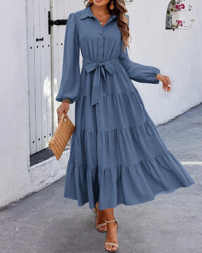 dowerme Women's Long Sleeve Dress 2025 Button Down Belted A-Line Flowy Fall Outfits Ruffle Maxi Holiday Party Dresses – Bild 6