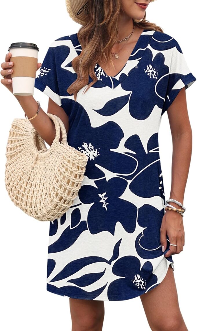 MISFAY Women Summer T Shirt Dresses 2025 Casual Short Sleeve Sundress V Neck Loose Tank Short Dress Vacation Outfits
