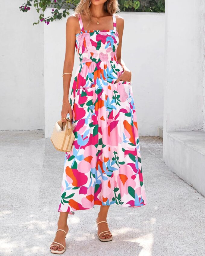 PRETTYGARDEN Womens Summer Dresses 2025 Casual Spaghetti Strap Ruffle Smocked Flowy Floral Print Maxi Dress with Pockets – Bild 2