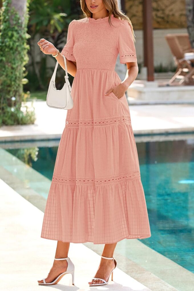 dowerme Summer Dresses for Women 2025 Casual Boho Hollow Out Short Sleeve Ruffle Mock Neck Smocked Maxi Gingham Sundress – Bild 4