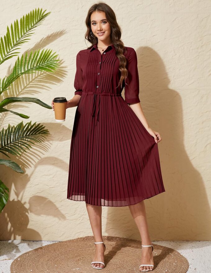 Women V Neck 3/4 Sleeve Pleated A-Line Dress with Belt Swing Midi Dresses for Spring Summer Autumn – Bild 2