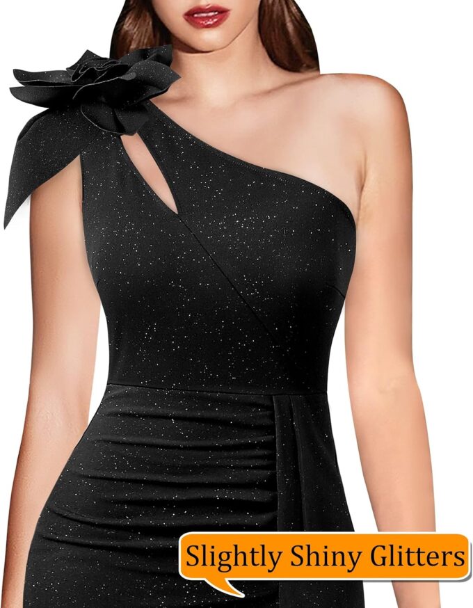 VFSHOW Womens 3D Flower One Shoulder Ruched Prom Formal Wedding Guest Maxi Dress 2023 Sexy Cocktail Split Cutout Evening Gown – Bild 5