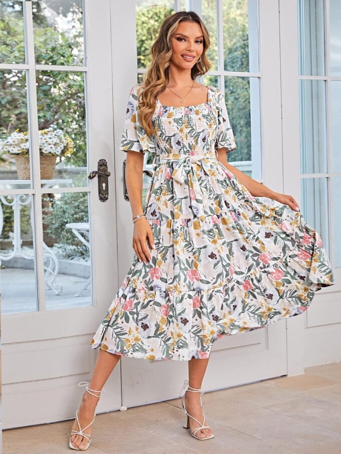 Amegoya Women's Boho Flowy Long Sleeve Square Neck Floral Midi Dress Smocked Spring Fall Wedding Guest Dresses – Bild 2