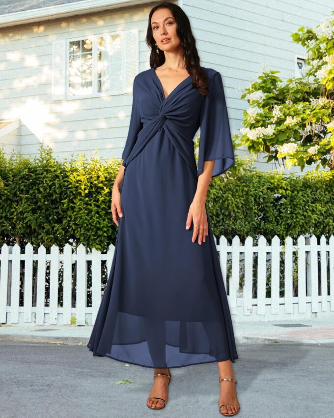 Women's Formal Cocktail Wedding Guest V Neck Long Chiffon Maxi Dresses A-Line 3/4 Sleeve Elegant Bridesmaids Dress – Bild 4