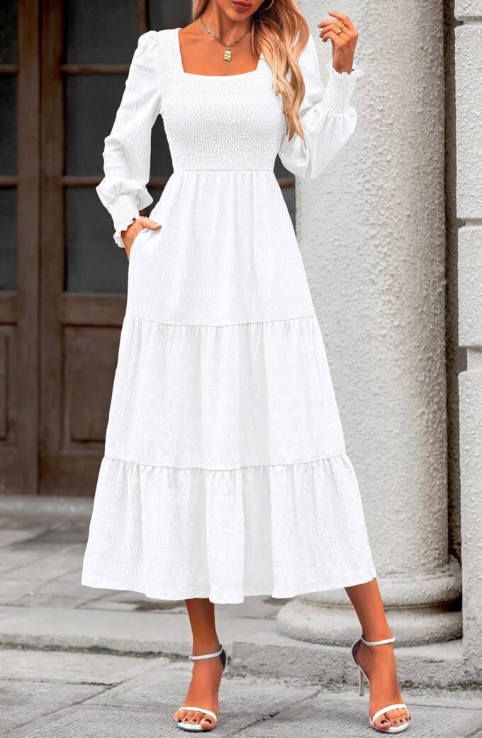 KIRUNDO Women Fall Wedding Guest Maxi Dress Elegant Puff Long Sleeve Summer Smocked Empire Waist Swing Flowy Long Dresses – Bild 7