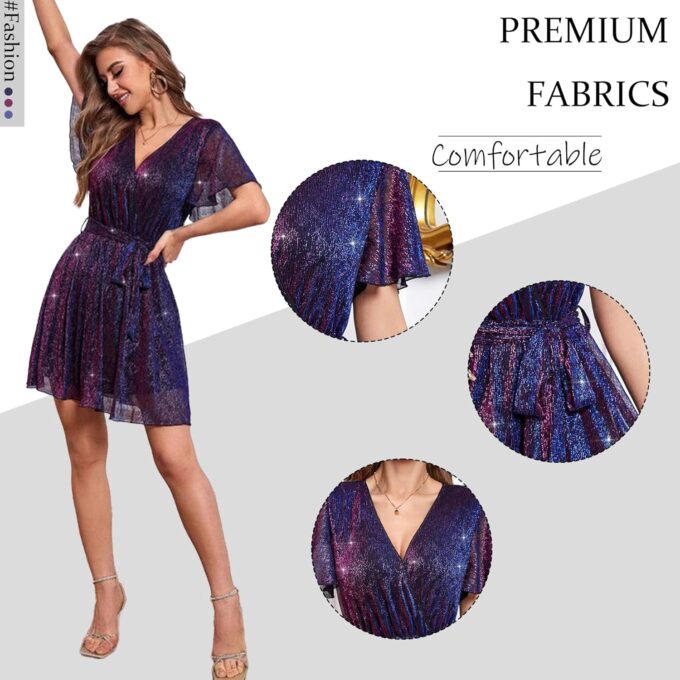 Sparkly Mesh Glitter Dress A Line V Neck Short Dress with Ruffled Sleeves Wrap Waist Wedding Guest Cocktail Party – Bild 4